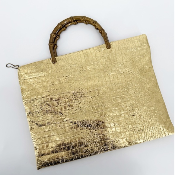 Vintage Mid Century Shiny Gold Lame Handbag Tote - Picture 2 of 5